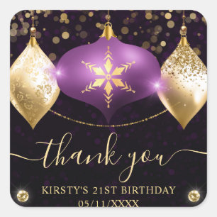Adesivo Quadrado Enfeites de Natal Roxo e Dourado Aniversário