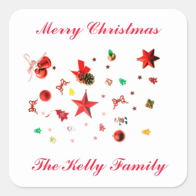 Adesivo Quadrado Enfeites vermelhos de Feliz Natal com texto (Frente)