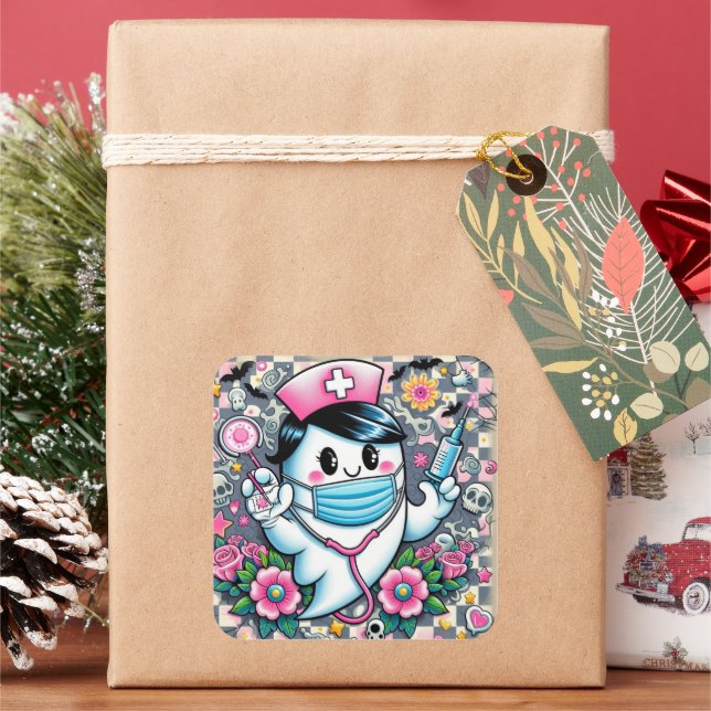 Adesivo Quadrado Enfermeira Fantasma Halloween com Máscara e Sering (Feriado)