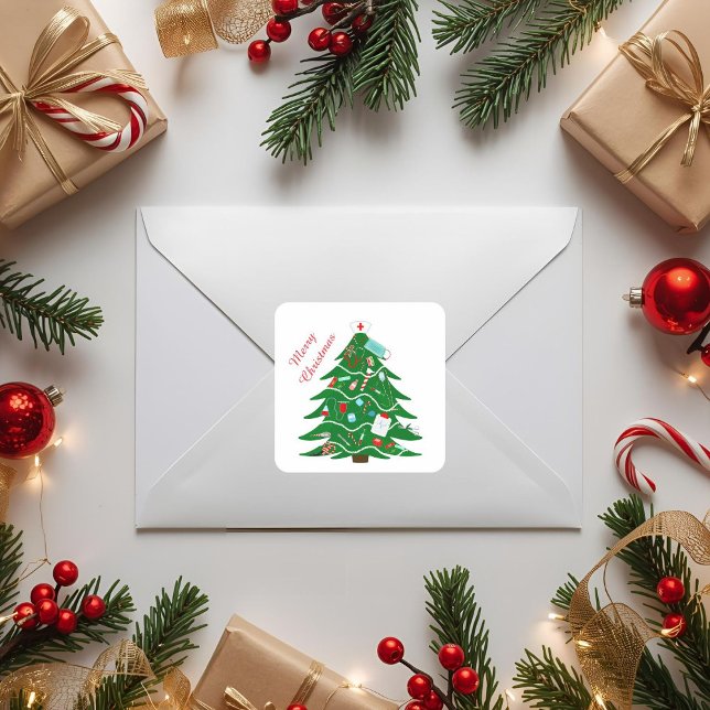 Adesivo Quadrado Enfermeira Feliz Árvore de Natal (Criador carregado)