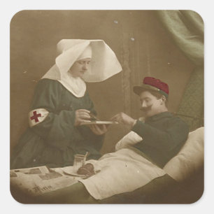 Adesivo Quadrado Enfermeira ferida WWI do soldado & do francês