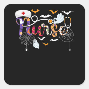Adesivo Quadrado Enfermeira Halloween Presente com Aranha Pumpkin
