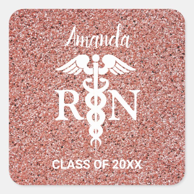 Adesivo Quadrado Enfermeira Registrada Caduceus Rosa Dourado Nome d (Frente)