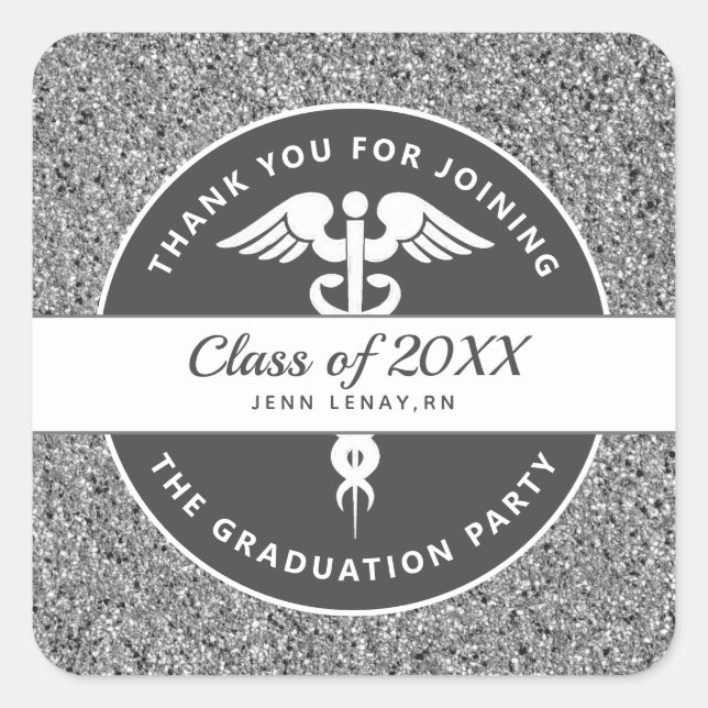 Adesivo Quadrado Enfermeira Silver Glitter Obrigado Graduação (Frente)