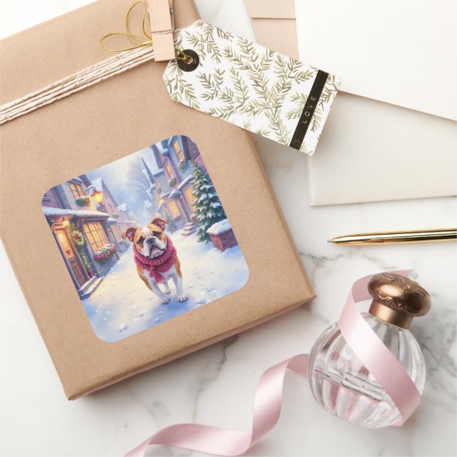 Adesivo Quadrado English Bulldog Snowy Christmas Village Holiday (Presentear)
