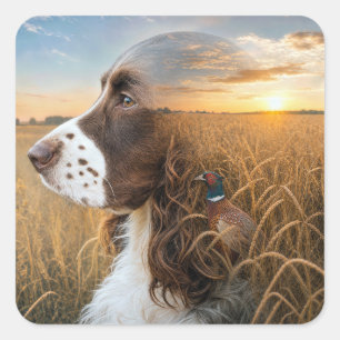 Adesivo Quadrado English Springer Spaniel e Faisão