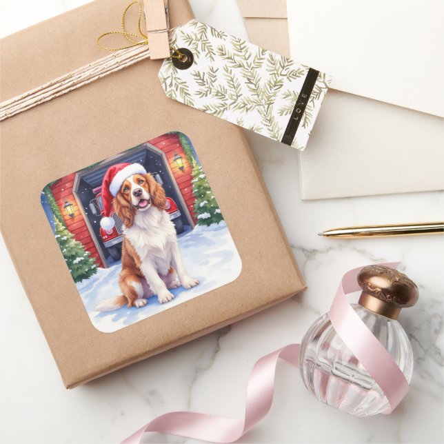 Adesivo Quadrado English Springer Spaniel Fire Station Santa (Presentear)