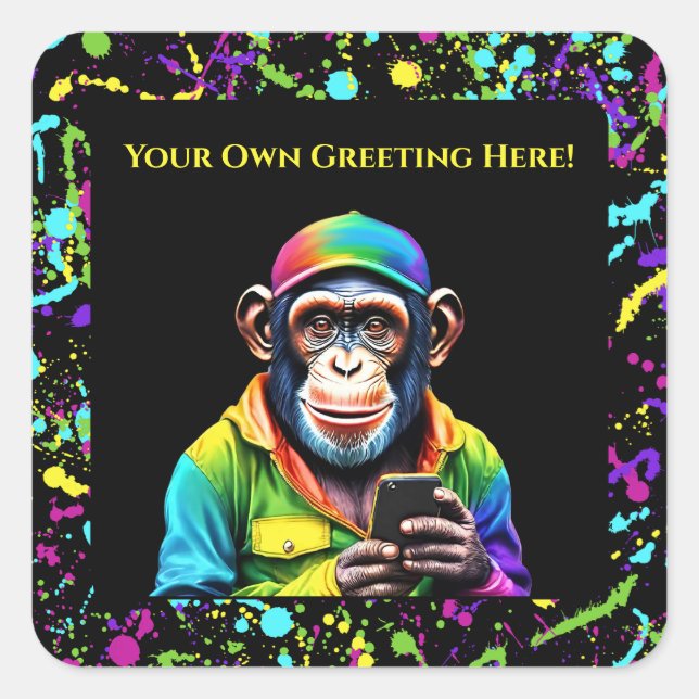 Adesivo Quadrado Engraçado animal-chimpanzé com telefone (Frente)