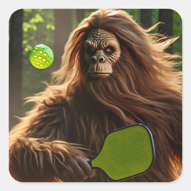 Adesivo Quadrado Engraçado Bigfoot Jogando Pickleball (Frente)