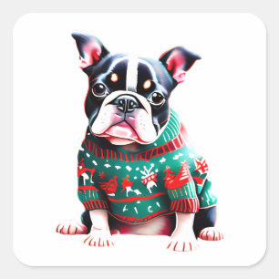 Adesivo Quadrado Engraçado Boston Terrier no Sweater de Natal