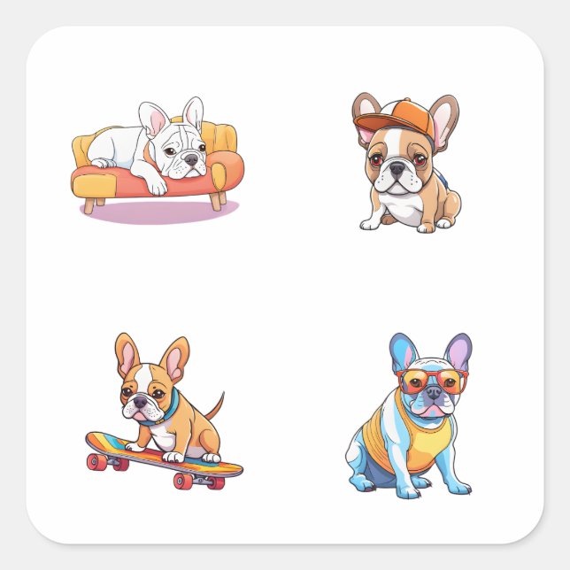 Adesivo Quadrado Engraçado Buldogue Francês 4 Pack Stickers (Frente)