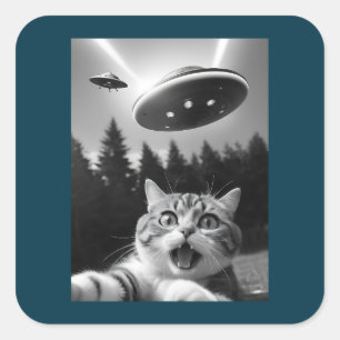 Adesivo Quadrado Engraçado Cat Selfie com Alienígena de OVNI
