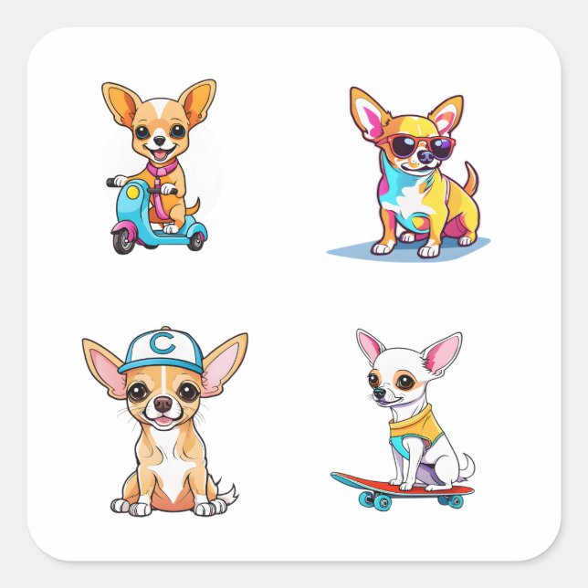 Adesivo Quadrado Engraçado Chihuahua Cartoon Art 4 Pack Stickers (Frente)