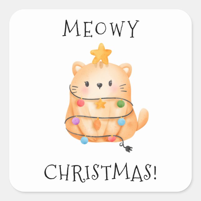 Adesivo Quadrado Engraçado Gato Meowy Árvore de Natal Luzes Aquarel (Frente)