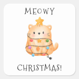 Adesivo Quadrado Engraçado Gato Meowy Árvore de Natal Luzes Aquarel