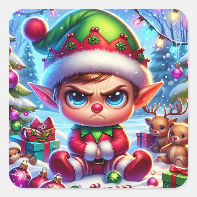 Adesivo Quadrado Engraçado Grumpy Elf Natal (Frente)