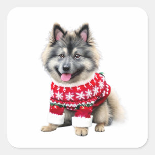 Adesivo Quadrado Engraçado Keeshond no suéter de Natal