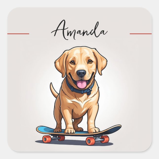 Adesivo Quadrado Engraçado Labrador Amarelo no skate (Frente)