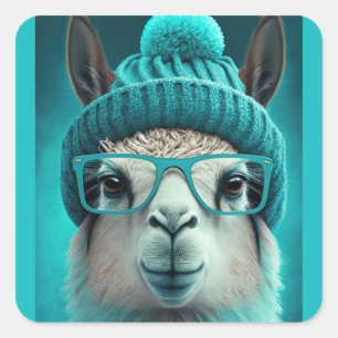 Adesivo Quadrado Engraçado Llama Alpaca Cute Animal Beanie Hat Glas