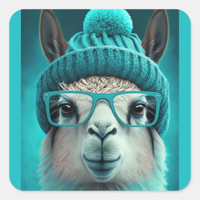 Adesivo Quadrado Engraçado Llama Alpaca Cute Animal Beanie Hat Glas (Frente)