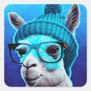 Adesivo Quadrado Engraçado Llama Alpaca Cute Animal Beanie Hat Glas