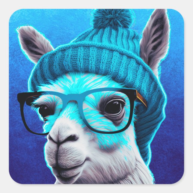 Adesivo Quadrado Engraçado Llama Alpaca Cute Animal Beanie Hat Glas (Frente)