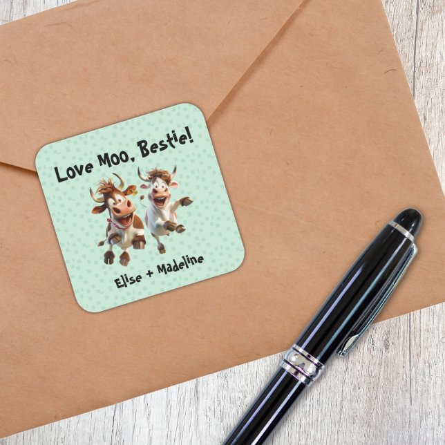 Adesivo Quadrado Engraçado "Love Moo Bestie" Personalizado Melhor A (Funny “Love Moo Bestie” Personalized Best Friends Sticker)