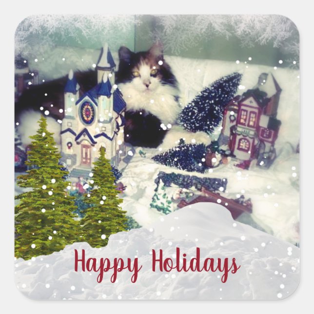 Adesivo Quadrado Engraçado Natal Calico Cat Modelo (Frente)