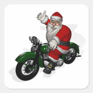 Adesivo Quadrado Engraçado Papai Noel Em Moto Verde Vintage