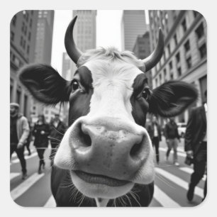 Adesivo Quadrado Engraçado Vaca Selfie em uma Rua da Cidade Ocupada