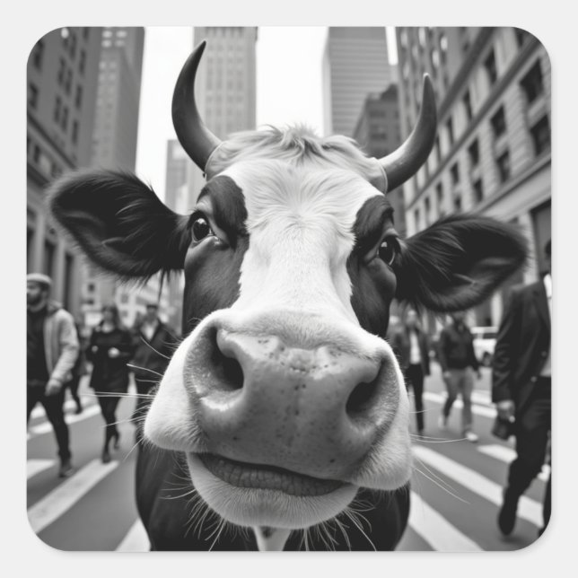 Adesivo Quadrado Engraçado Vaca Selfie em uma Rua da Cidade Ocupada (Frente)