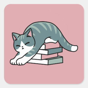 Adesivo Quadrado Enrolados com um Livro e um Gato - Leitura de Gato