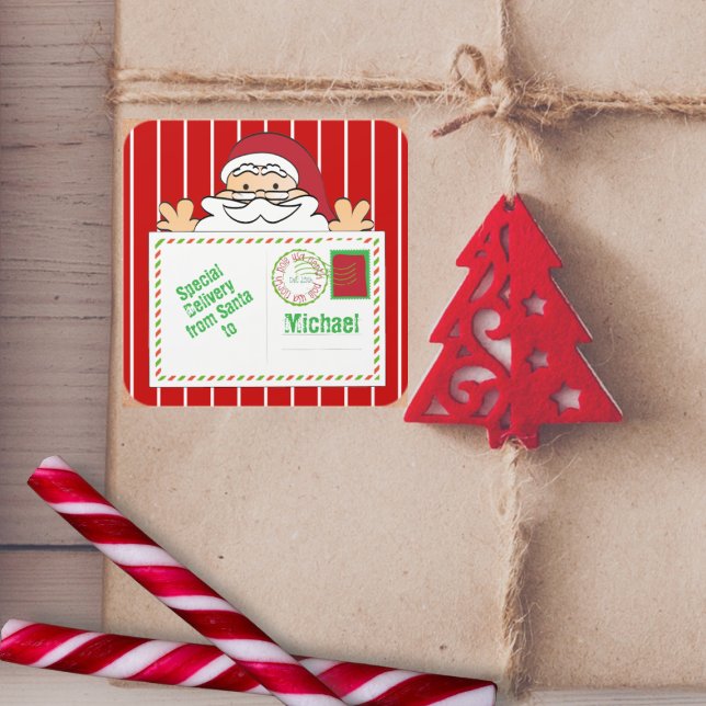 Adesivo Quadrado Entrega Especial do Cartoon de Papais noeis para C (Criador carregado)