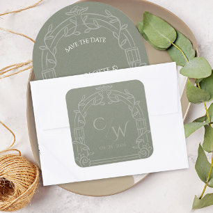 Adesivo Quadrado Envelope de Casamento Botânico Ornado Verde Salvia