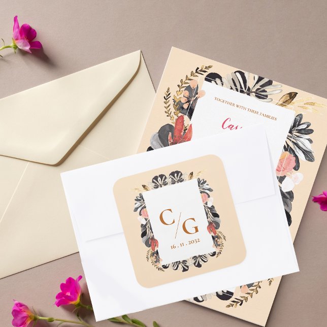 Adesivo Quadrado Envelope de Casamento do Monograma Floral Blush &  (Blush & Black Floral Monogram Wedding Envelope Square Sticker)