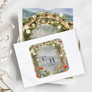 Adesivo Quadrado Envelope de Casamento Rústico Jardim de Flores Sil