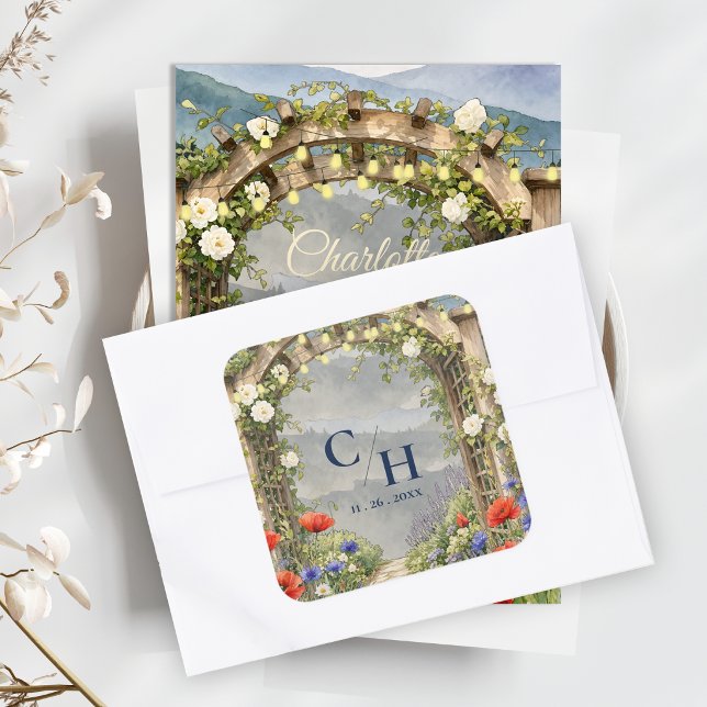 Adesivo Quadrado Envelope de Casamento Rústico Jardim de Flores Sil (Wildflower Garden Arbor Rustic Wedding Envelope Seal Square Sticker)
