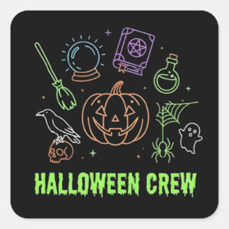 Adesivo Quadrado Equipe de Halloween Item Mágico Fofo Vintage Neon
