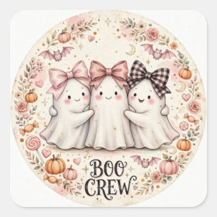 Adesivo Quadrado Equipe Fantasma com Laço Rosa Festa de Halloween B