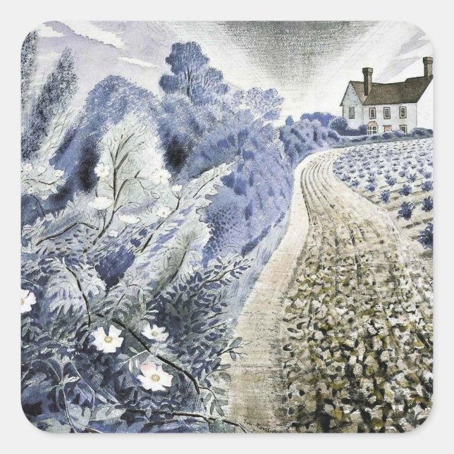 Adesivo Quadrado Eric Ravilious - Farmhouse and Field (Frente)