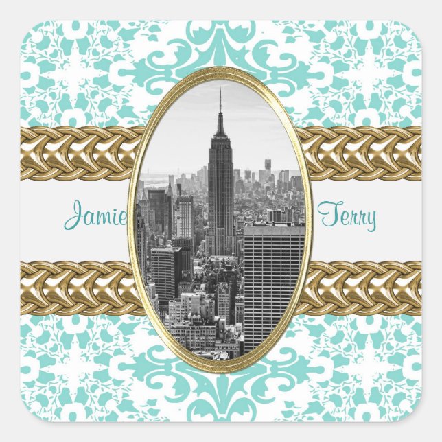 Adesivo Quadrado ESB 01 Lt Blue Damask Dourado Chain (Frente)