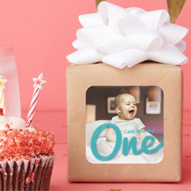 Adesivo Quadrado Esboço Azul Um Menino Foto Favor de Aniversário de (Festa)