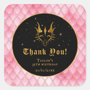 Adesivo Quadrado Escamas de Dragão Rosa Dourado Aniversário Obrigad