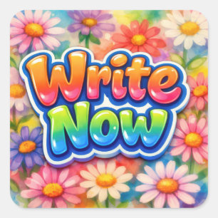 Adesivo Quadrado Escreva Agora Texto com Jardim de Margaridas Neon