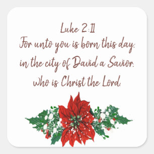 Adesivo Quadrado Escritura de Natal Luke 2:11 Pointsettia Holly