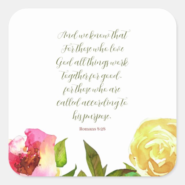 Adesivo Quadrado Escritura Floral Romans 8:28 Sticker (Frente)