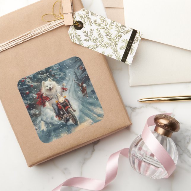 Adesivo Quadrado Eskimo Americano Cão Andando na Motocicleta (Presentear)