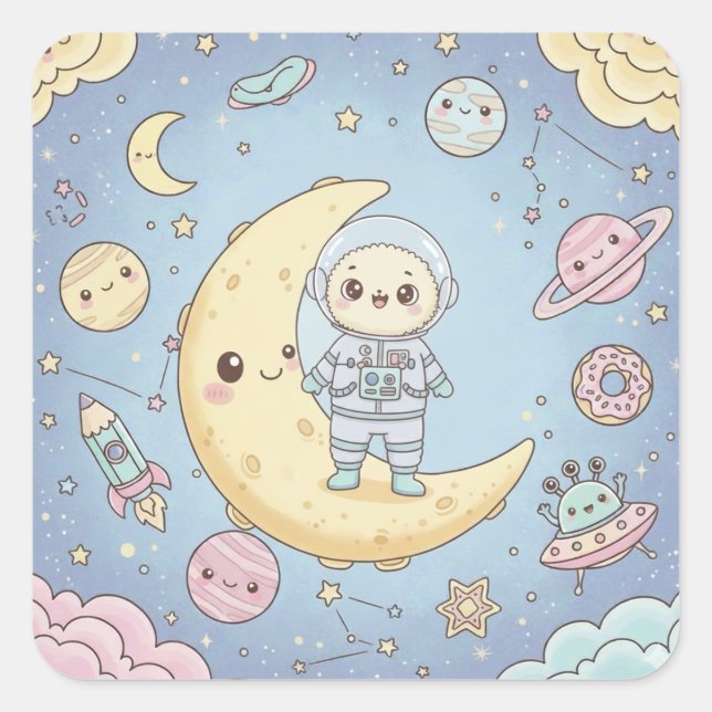 Adesivo Quadrado Espaço Kawaii Fofo - Astronauta e Lua Sorridente (Frente)