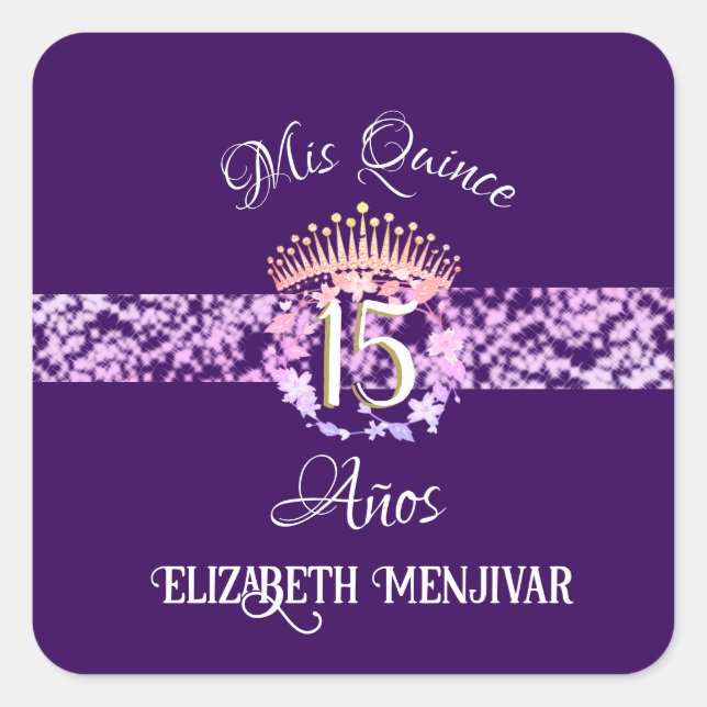Adesivo Quadrado Espanhol Elegante Purple e Dourada Quinceañera (Frente)