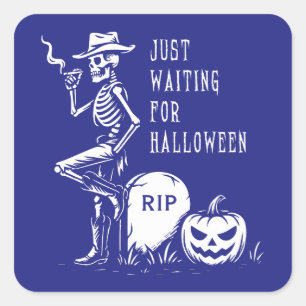 Adesivo Quadrado Esperando pelo esqueleto do cowboy do Halloween